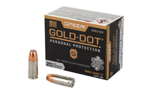 Ammunition Speer Ammunition Speer Gold Dot 9mm SPR GOLD DOT 9MM+P 124GR HP 20/200 • Model: Speer Gold Dot